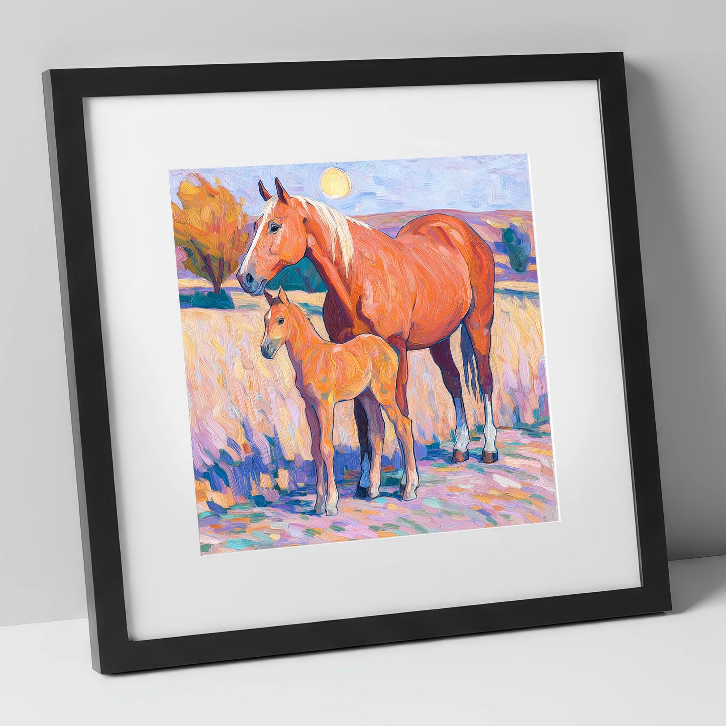 Radiant Chestnut Bond mare & foal art print in black frame