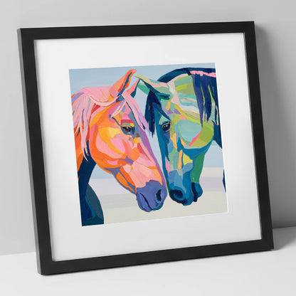 Vibrant Equine Connection horse portrait art print in black frame