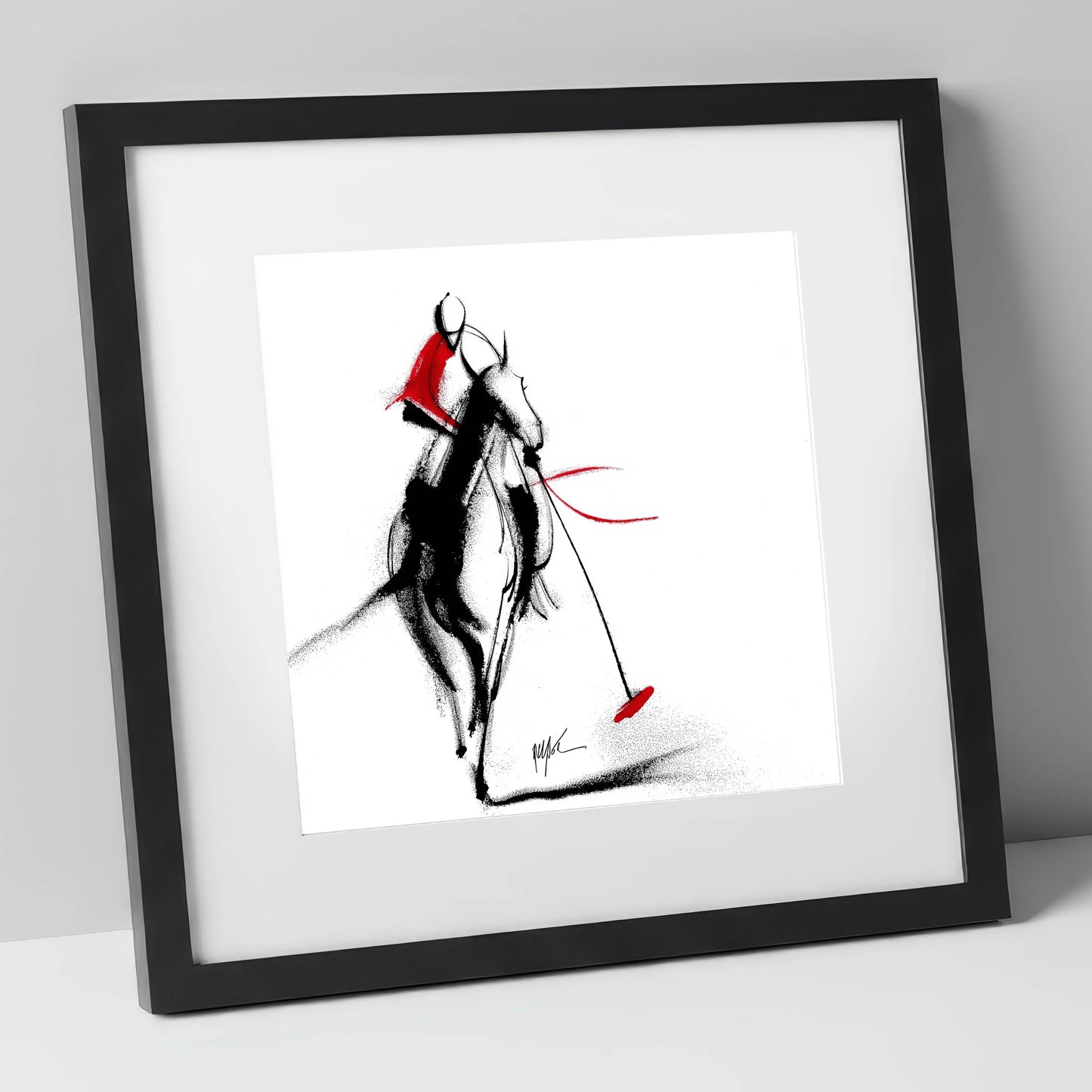 The Crimson Chukka polo horse art print in black frame
