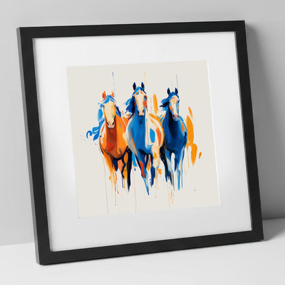 Cobalt and Amber Canter wild horses art print in black frame