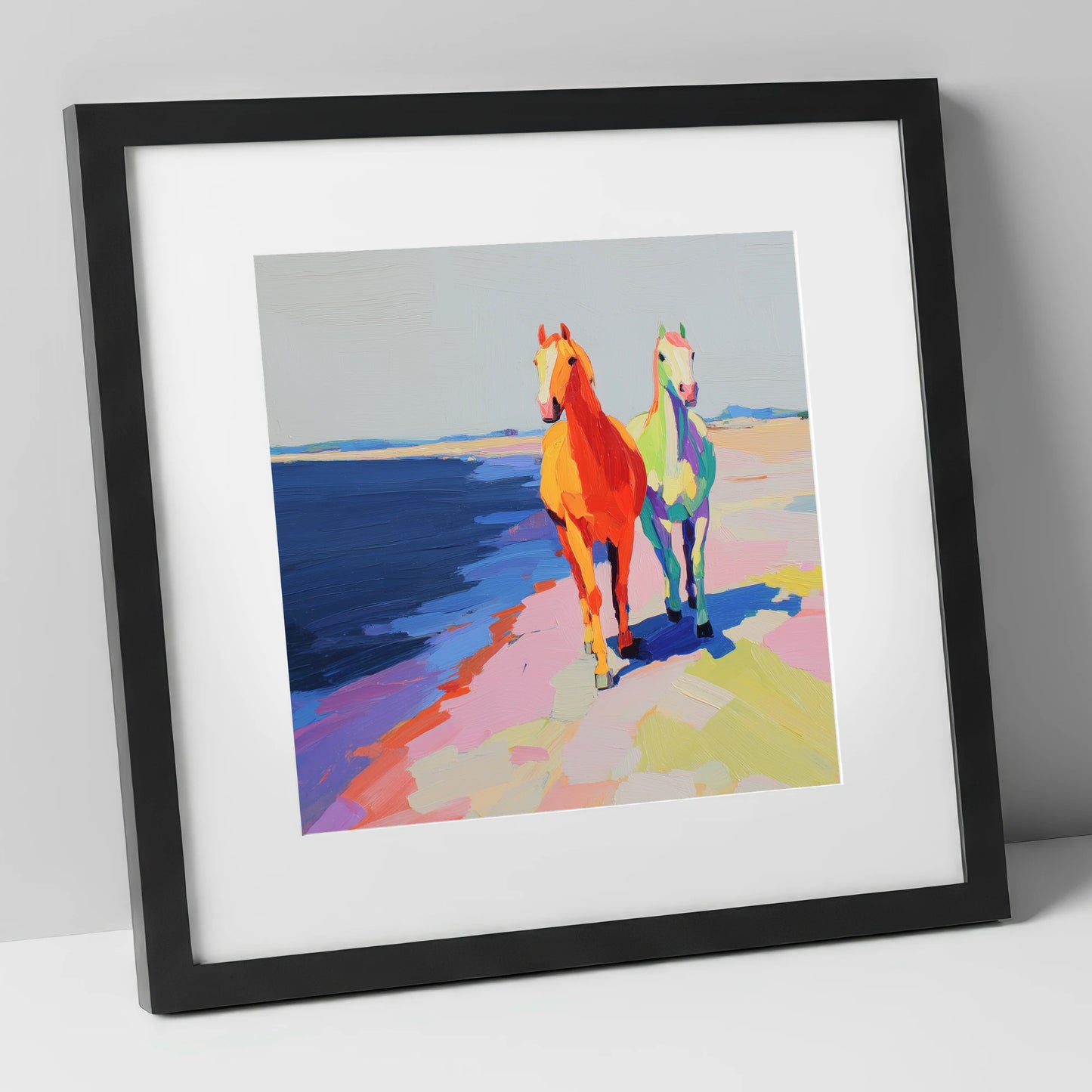 Vibrant Coastal Companions horse landscape art print in black frame