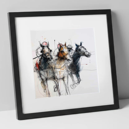 The Leading Pack racing horse art print in black frame