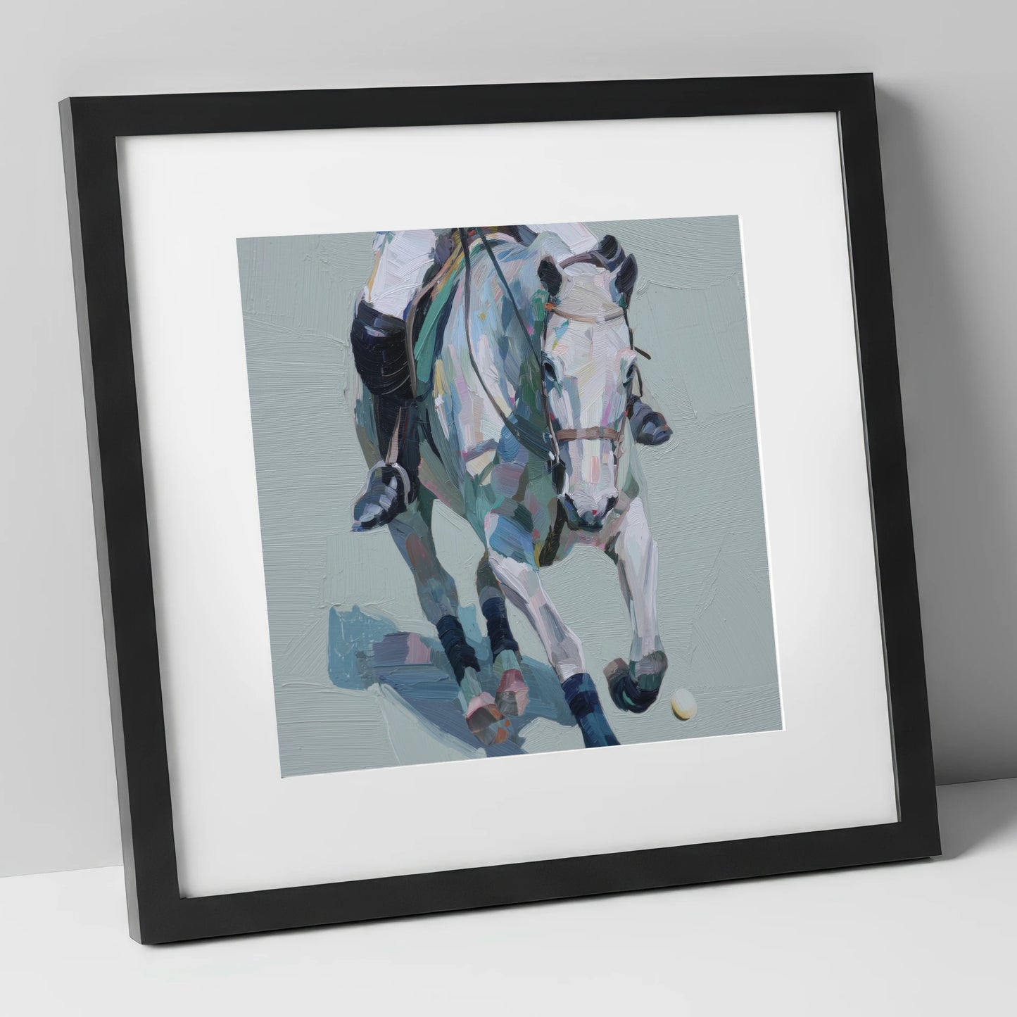 Pastel Polo Charge polo horse art print in black frame