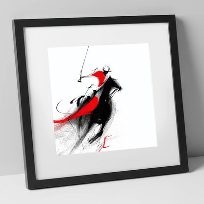 Dynamic Strike polo horse art print in black frame