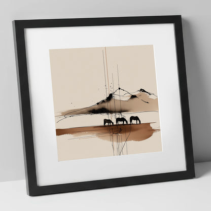 Serene Grazing Horizon horse landscape art print in black frame