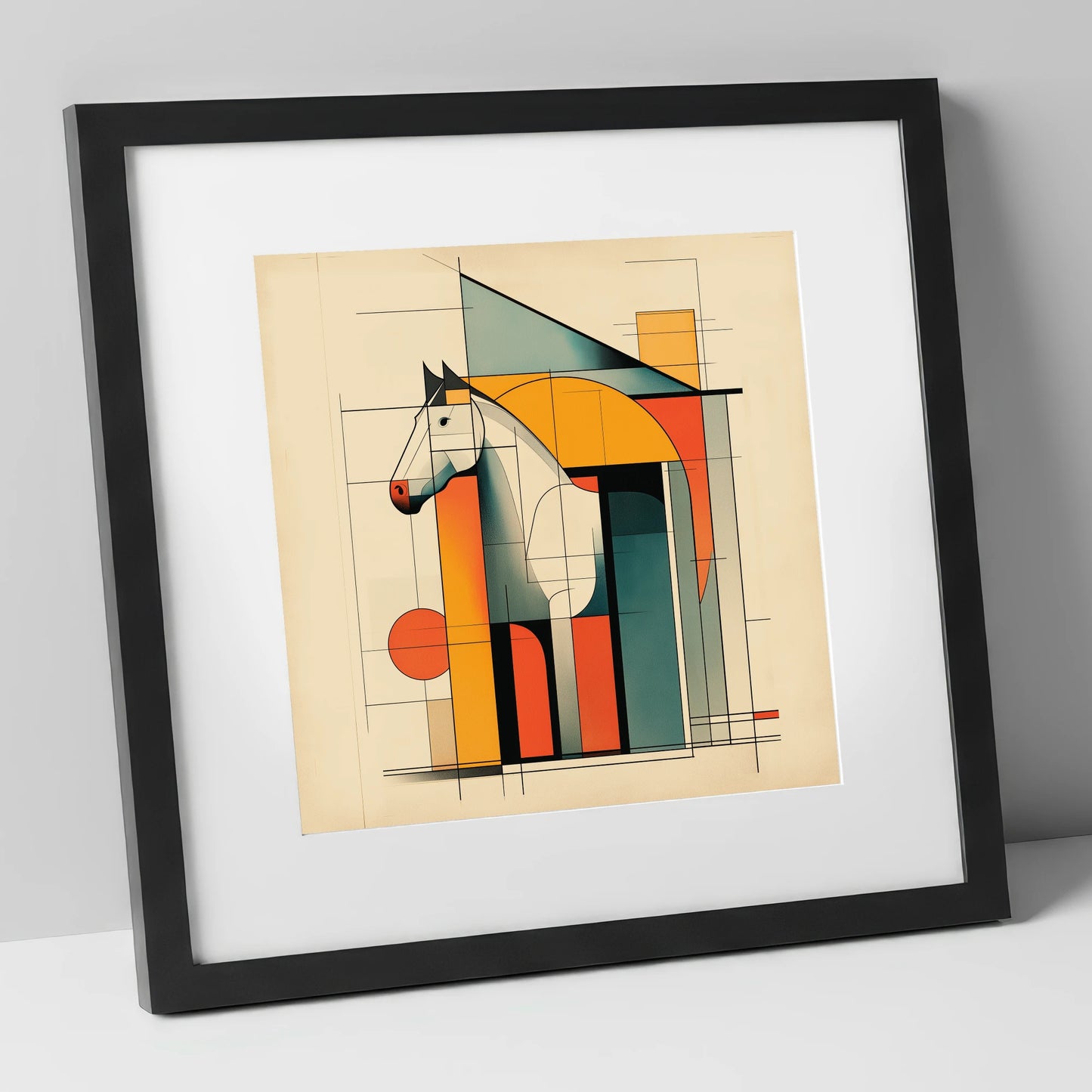 Structural Harmony horse stable art print in black frame
