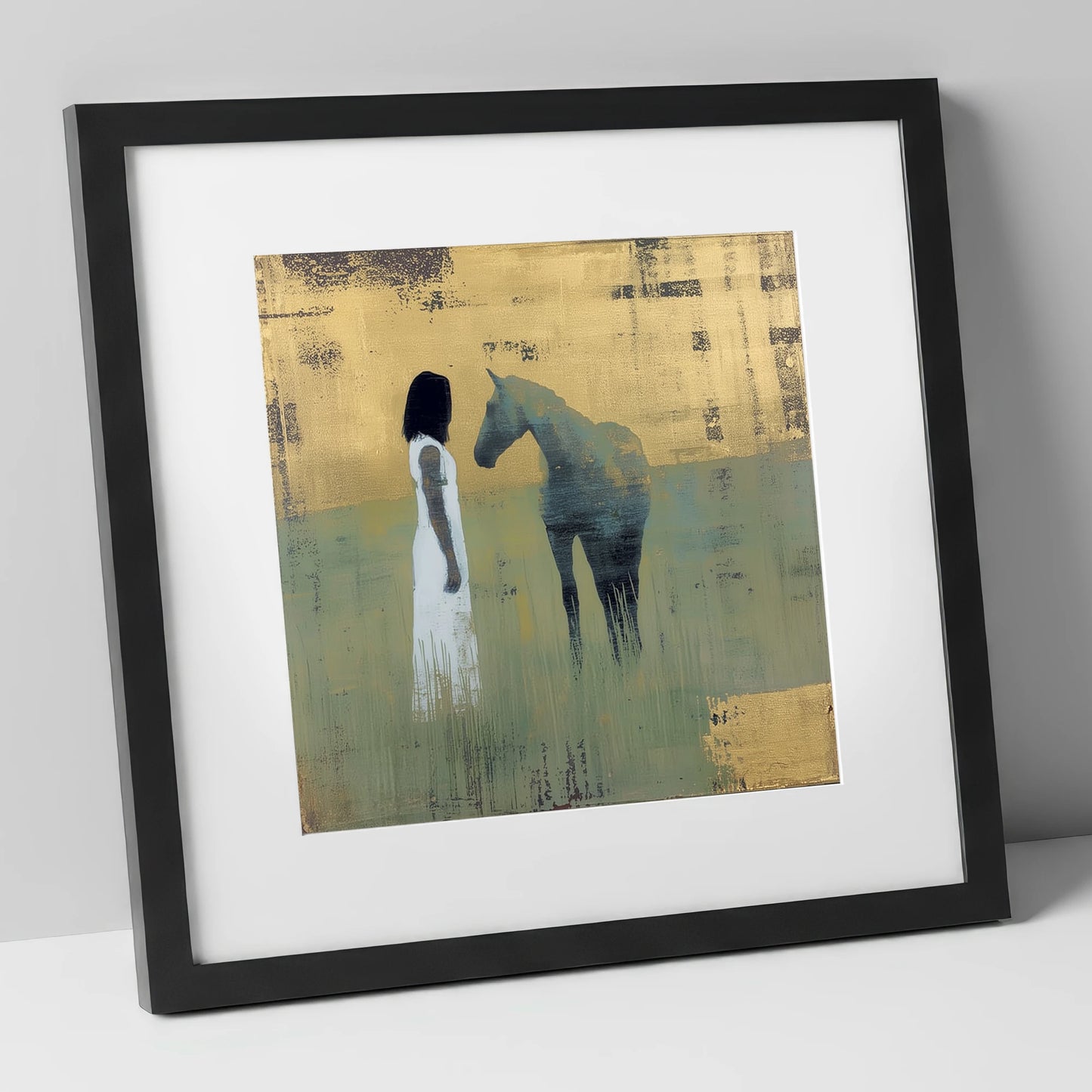 A Quiet Connection horse & rider art print in black frame