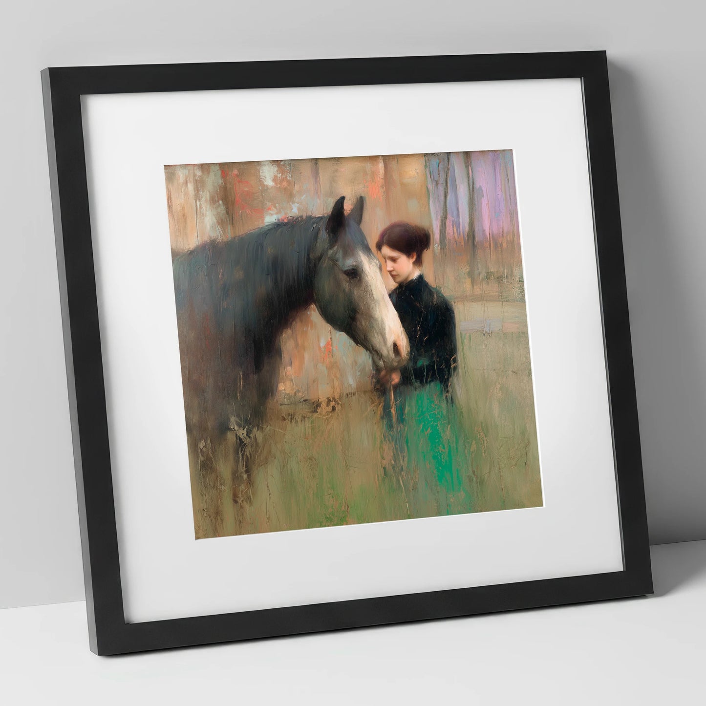 The Silent Bond horse & rider art print in black frame