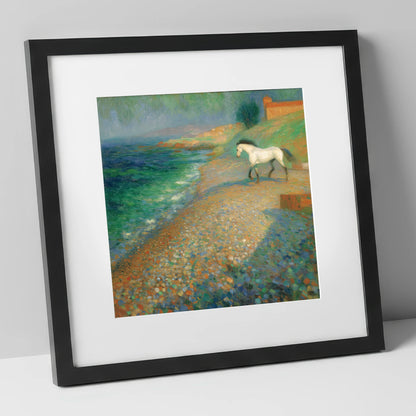 Vibrant Coastal Grey horse landscape art print in black frame