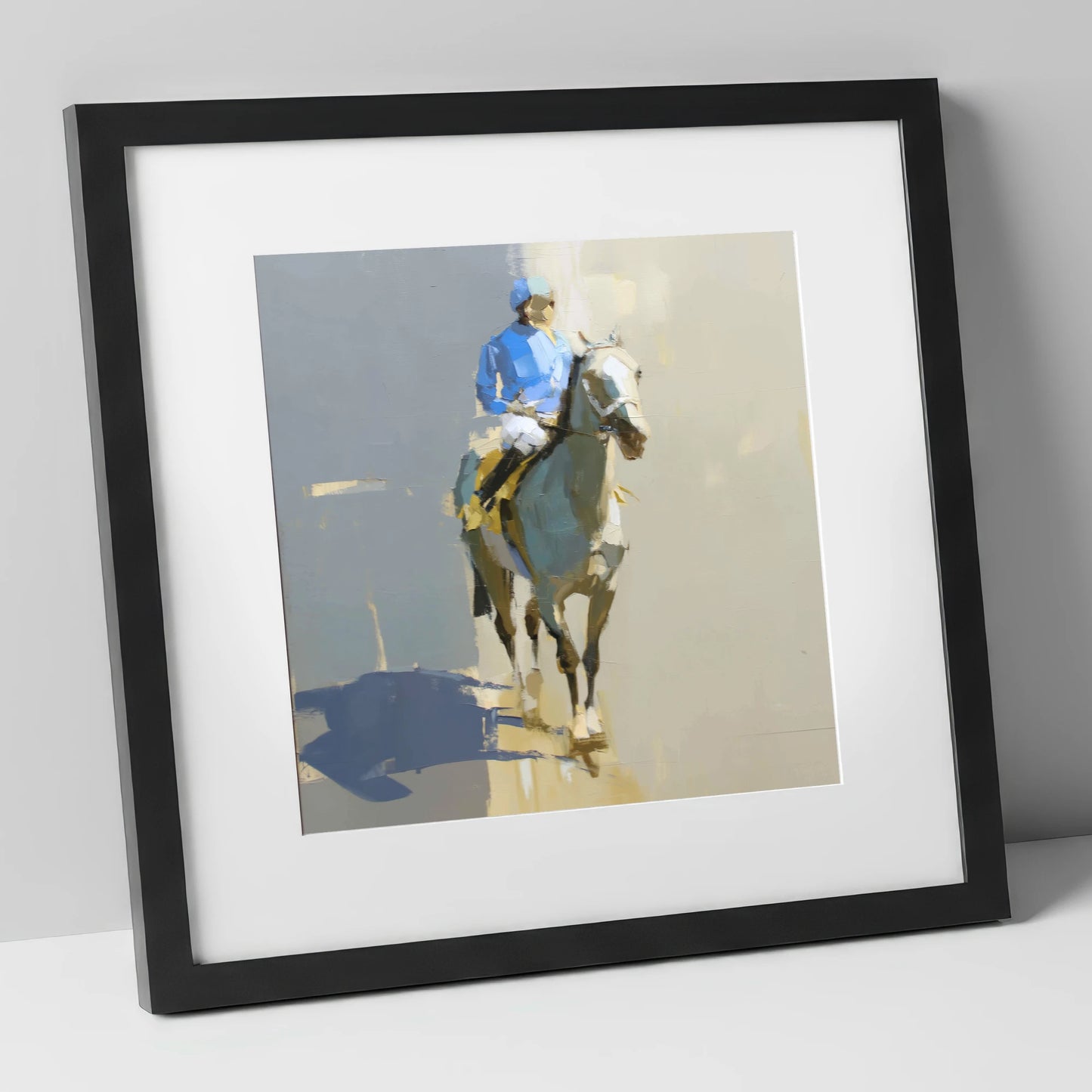 Blue Silks and Shadows racing horse art print in black frame