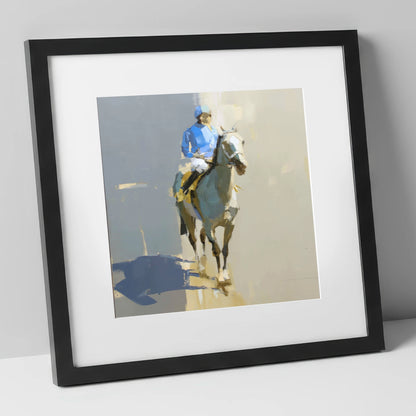Blue Silks and Shadows racing horse art print in black frame