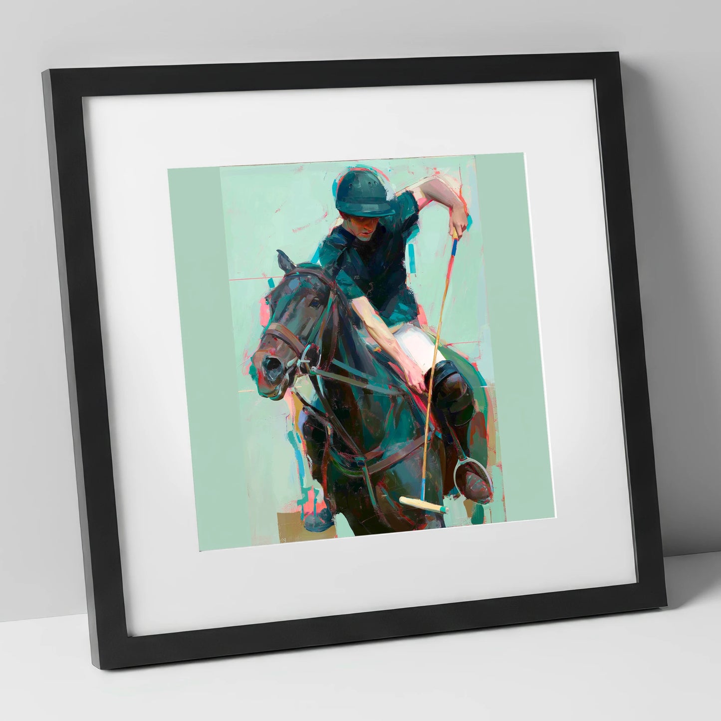 The Decisive Swing polo horse art print in black frame