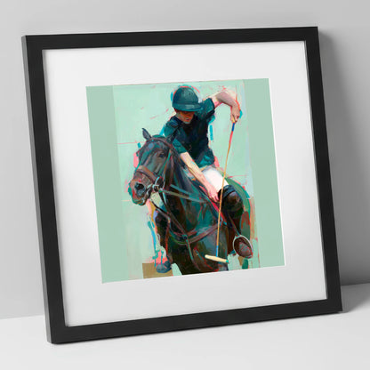 The Decisive Swing polo horse art print in black frame