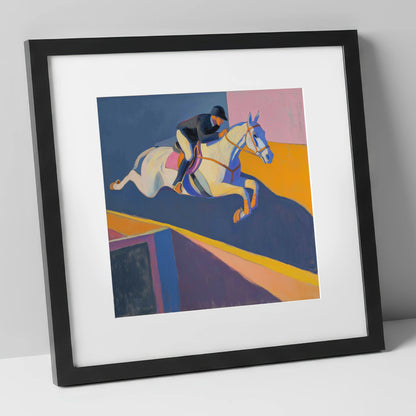 Bold Flight show jumping horse art print in black frame