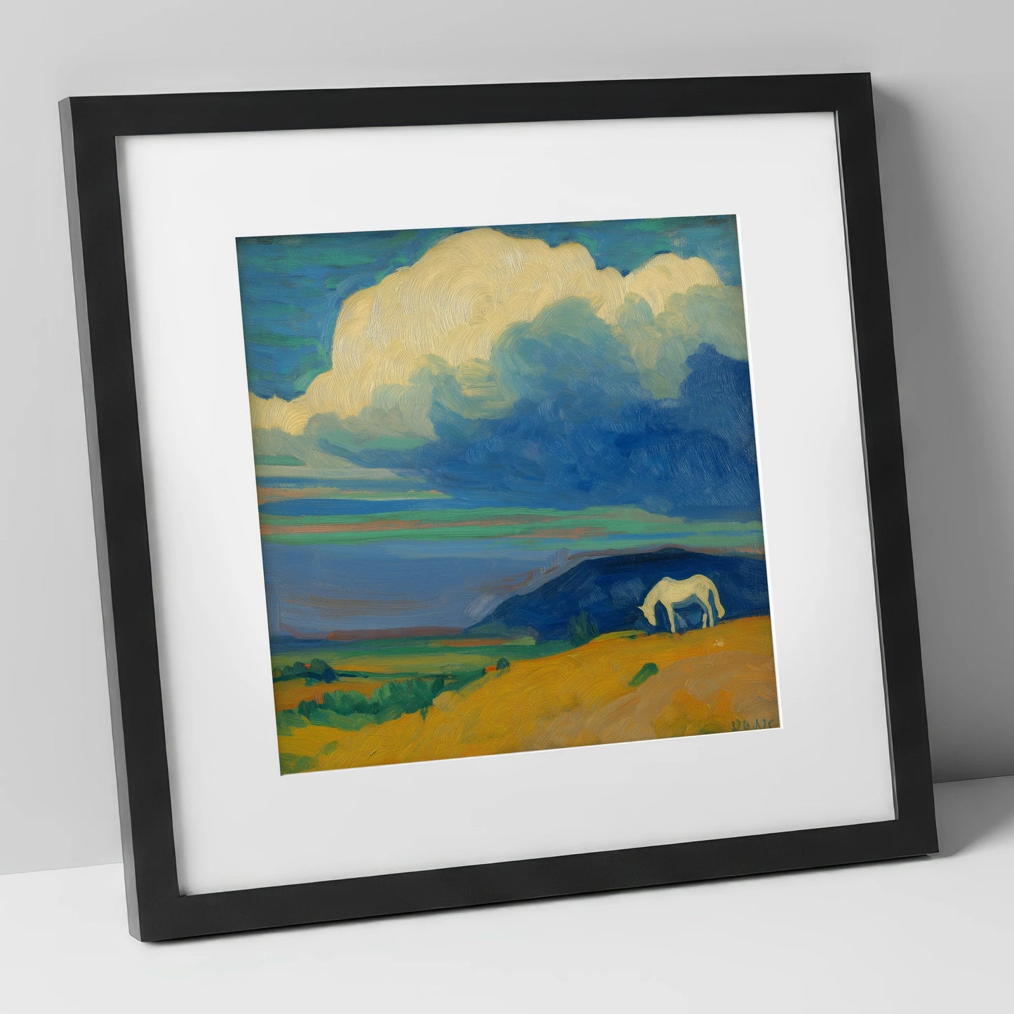 Grazing Beneath Big Skies horse landscape art print in black frame
