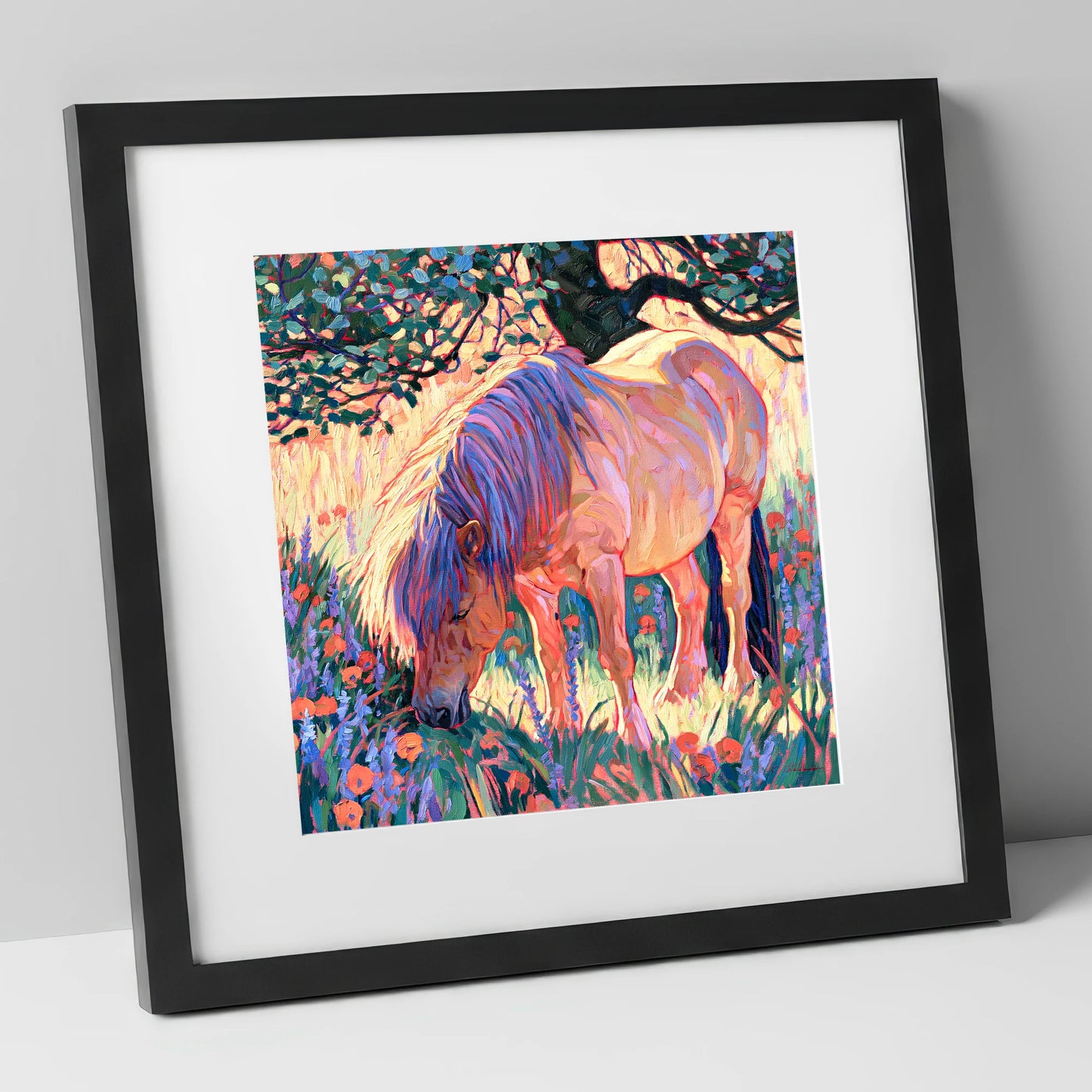 Vibrant Grazing Pony In Meadow horse breed art print in black frame