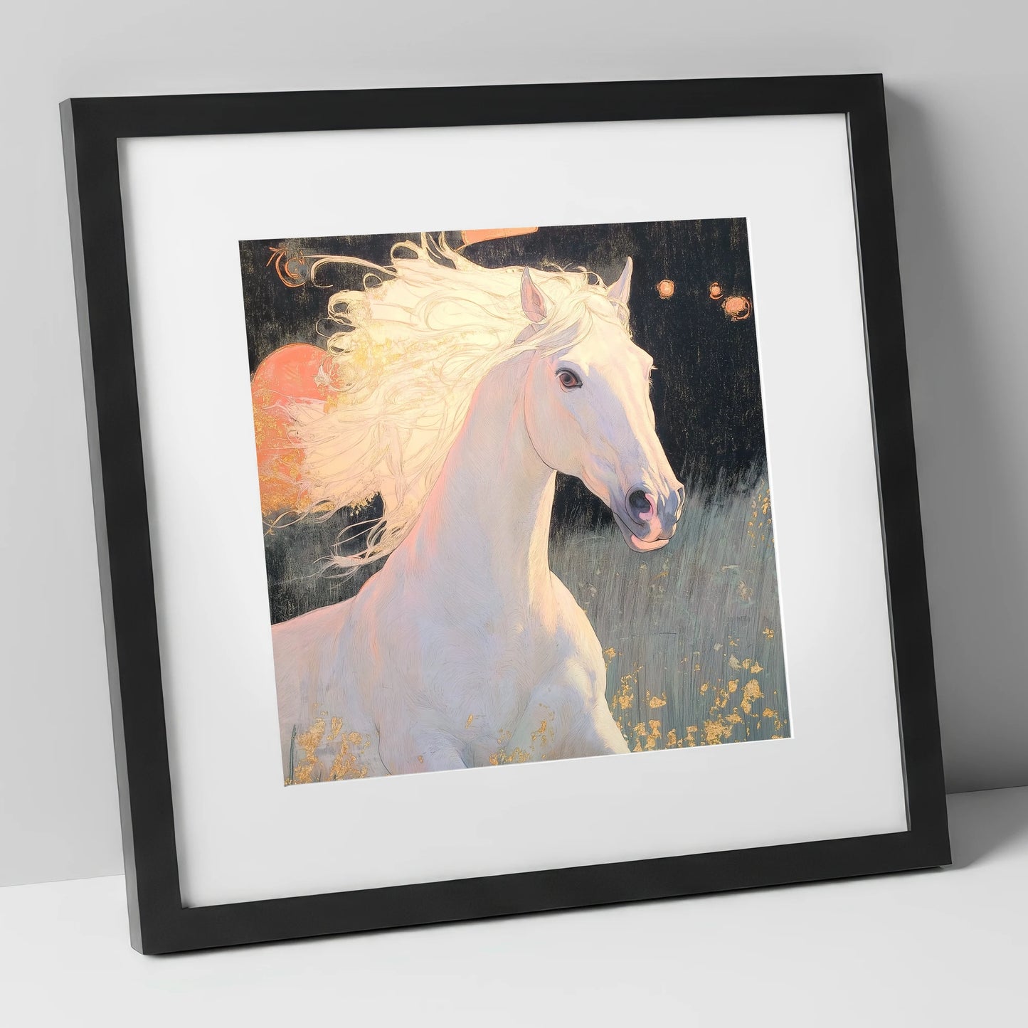 Celestial Grey horse portrait art print in black frame