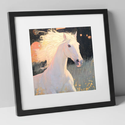 Celestial Grey horse portrait art print in black frame