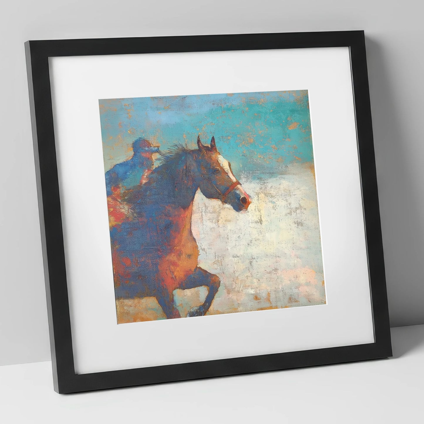 Echoes of the Turf racing horse art print in black frame