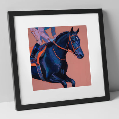 Indigo Rush racing horse art print in black frame