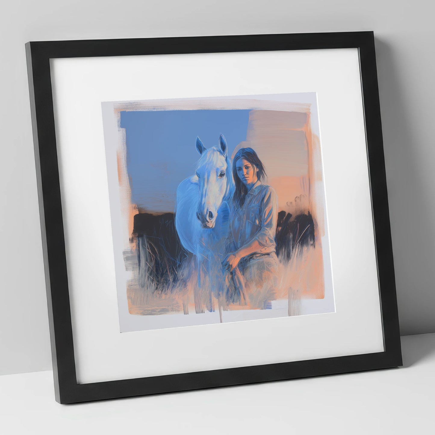 The Silent Connection horse & rider art print in black frame