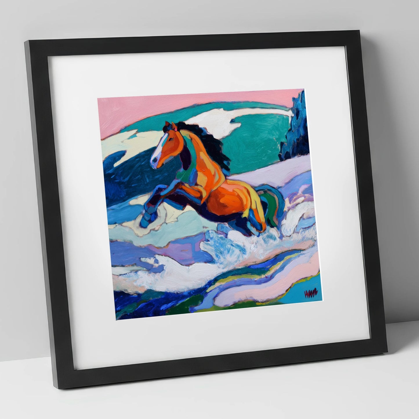 Vivid Coastal Leap beach horse art print in black frame