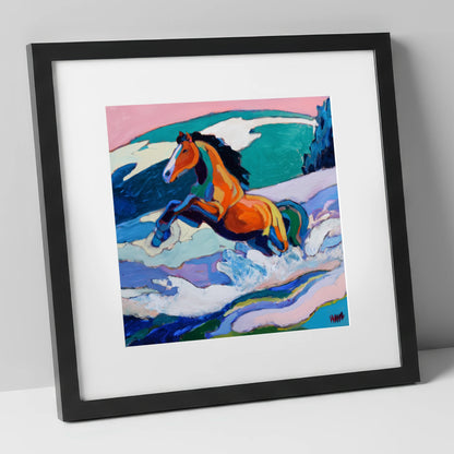 Vivid Coastal Leap beach horse art print in black frame