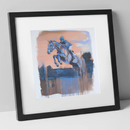 Cobalt Clearance show jumping horse art print in black frame