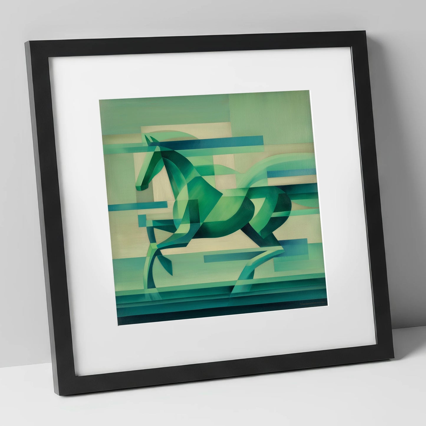 Abstract Emerald Canter horse portrait art print in black frame