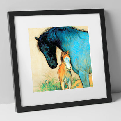 Vivid Devotion mare & foal art print in black frame