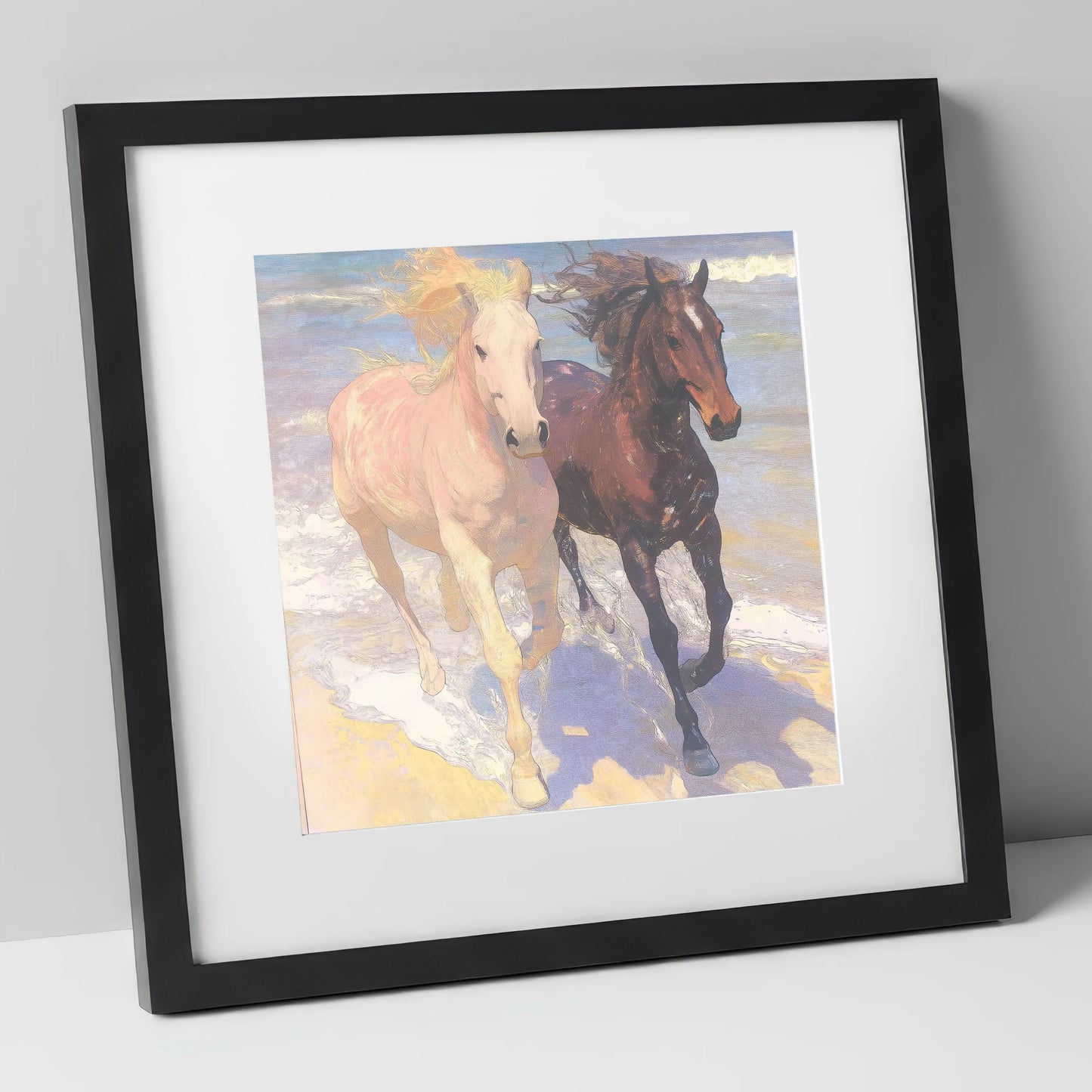 Ethereal Shoreline Canter horse landscape art print in black frame