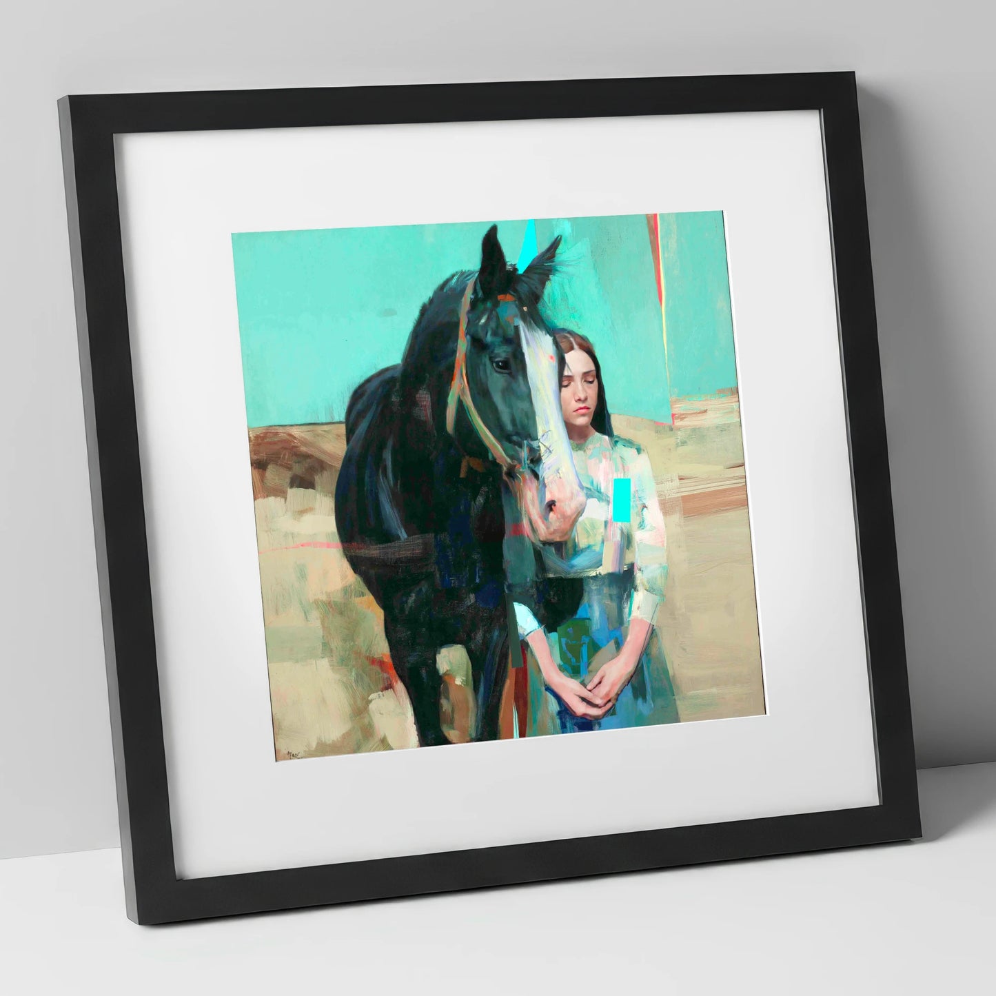 The Quiet Bond horse & rider art print in black frame
