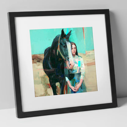 The Quiet Bond horse & rider art print in black frame