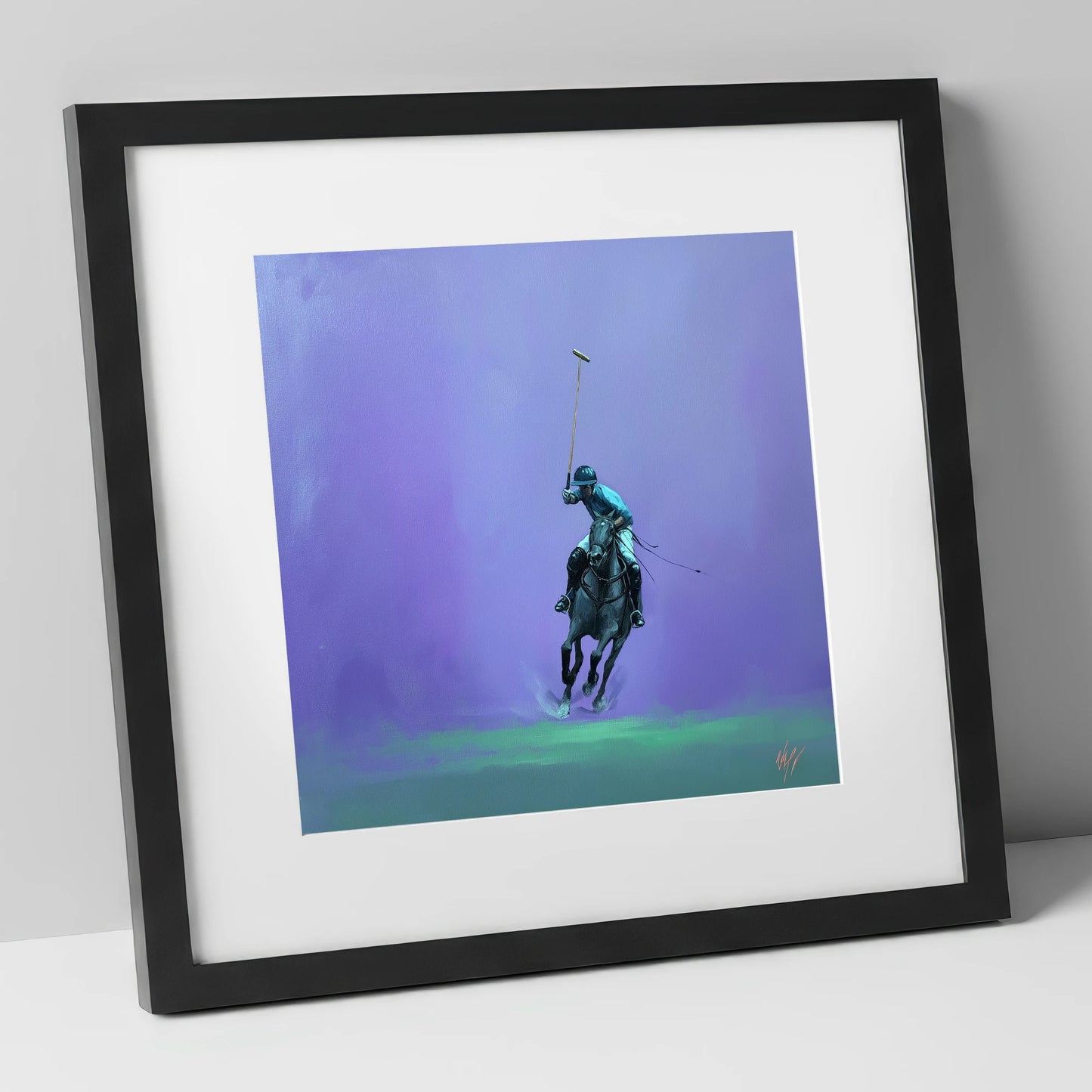 The Violet Chukka polo horse art print in black frame