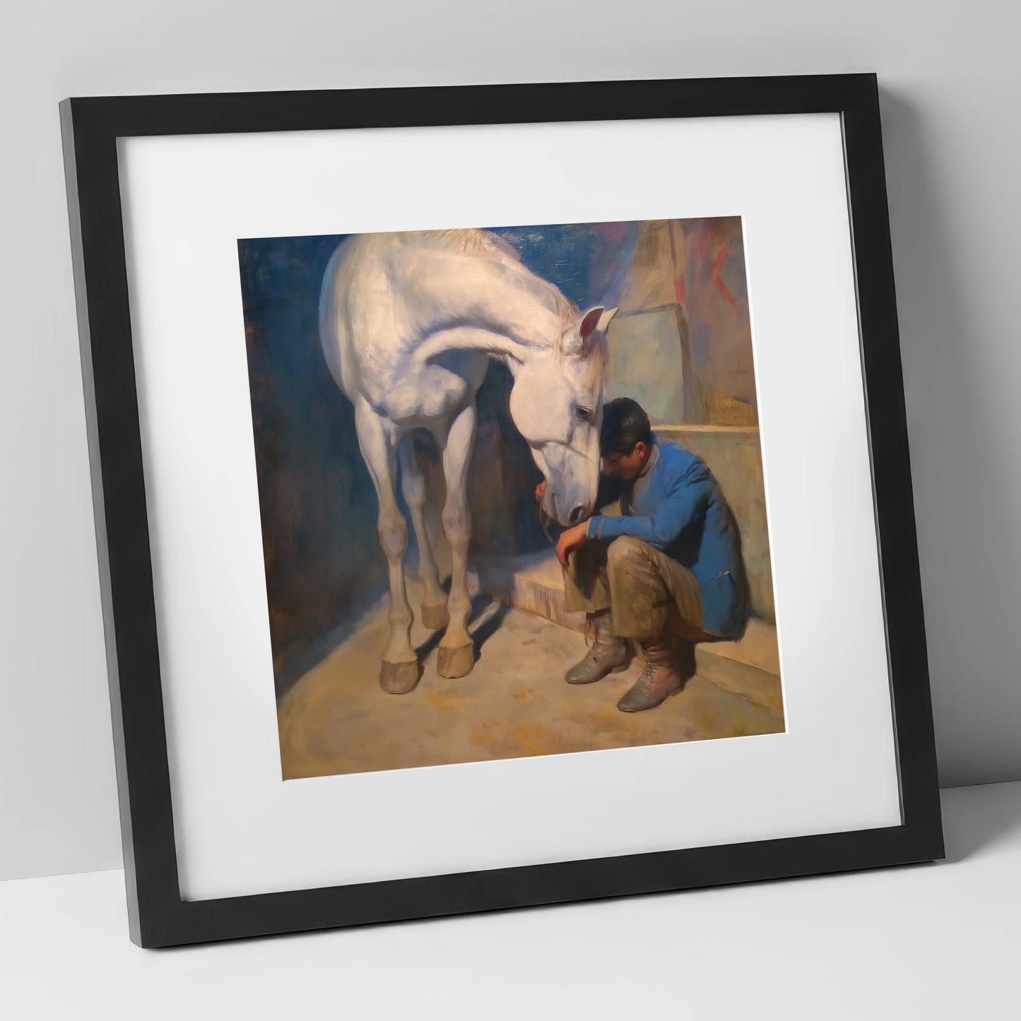 A Moment of Solace horse & rider art print in black frame
