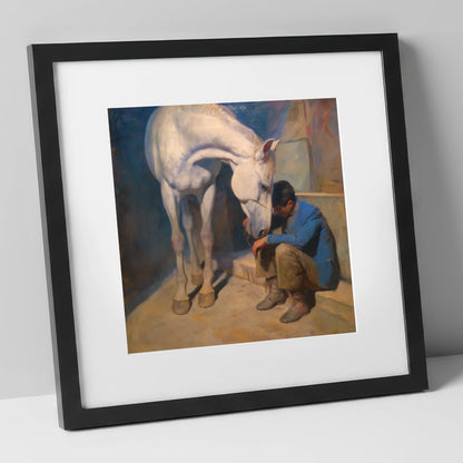 A Moment of Solace horse & rider art print in black frame