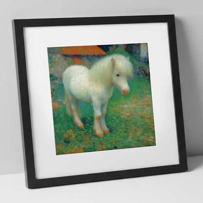 Sunlit White Pony horse breed art print in black frame