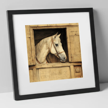The Draftsman's Grey horse stable art print in black frame