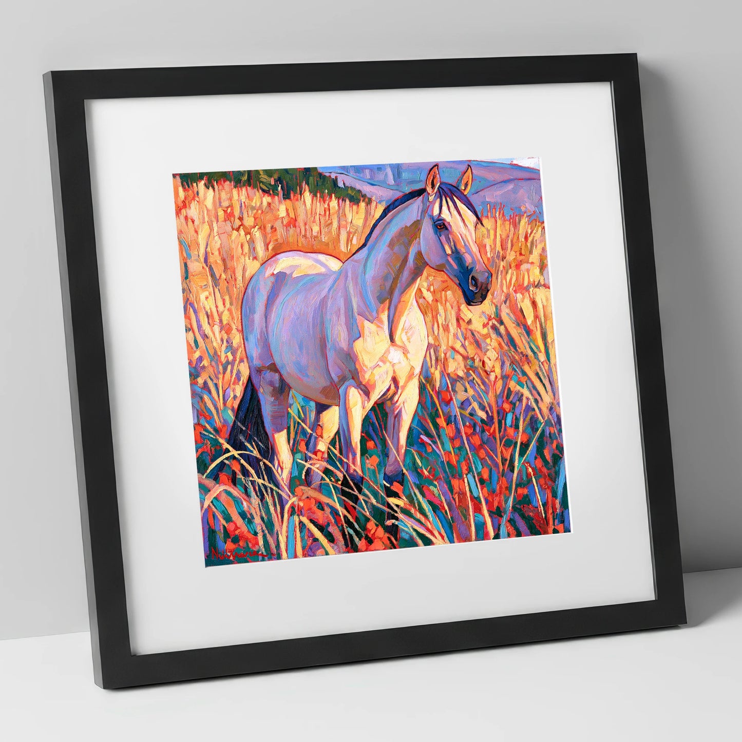 Vibrant Horse in Golden Grass horse breed art print in black frame