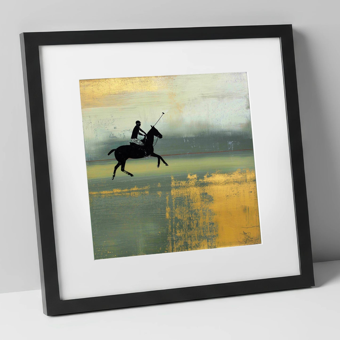 Gilded Chukka polo horse art print in black frame