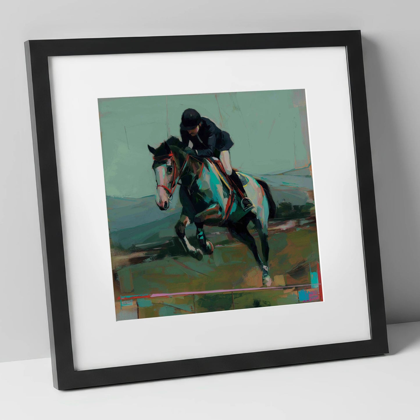 The Bold Clear show jumping horse art print in black frame