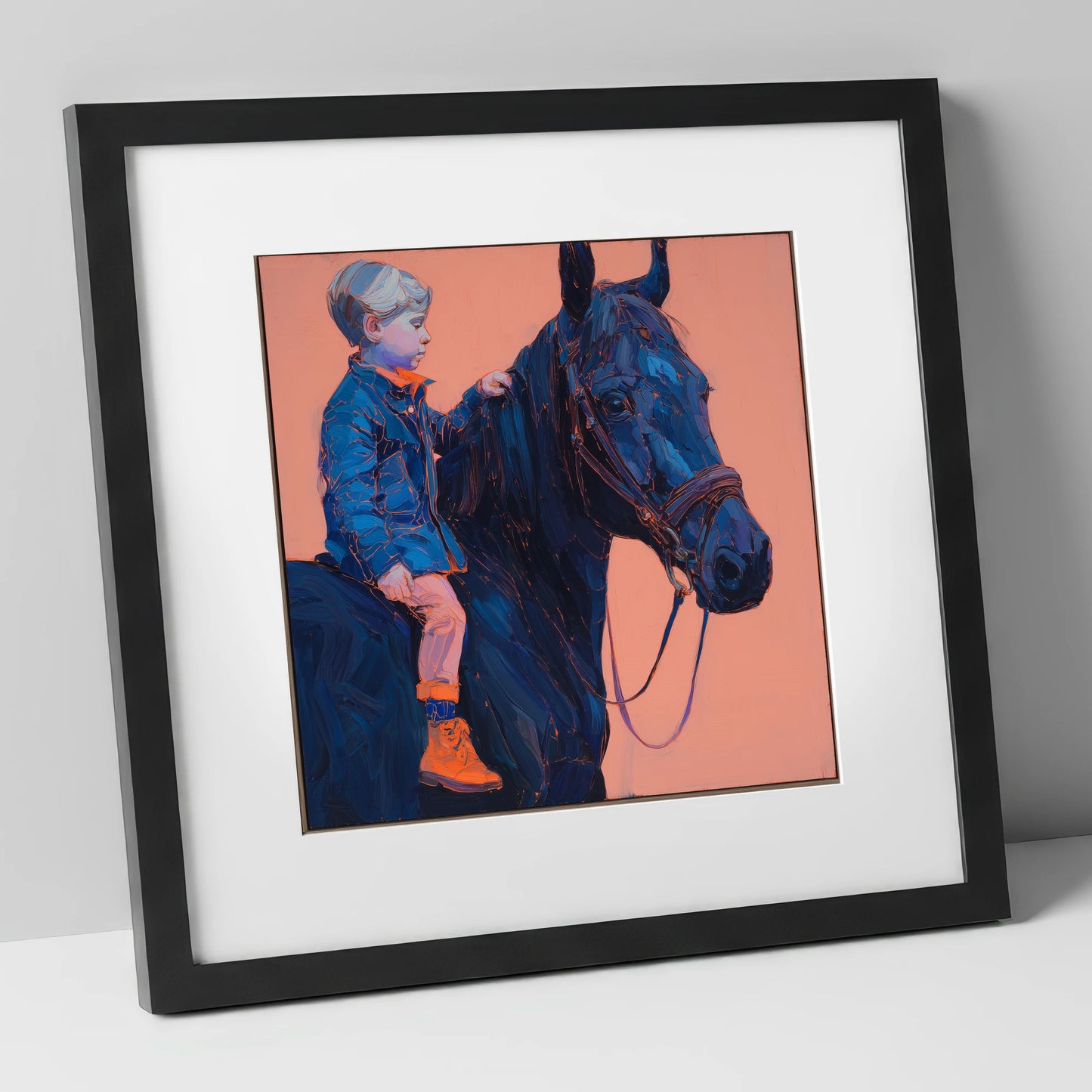 Indigo Beginnings horse & rider art print in black frame