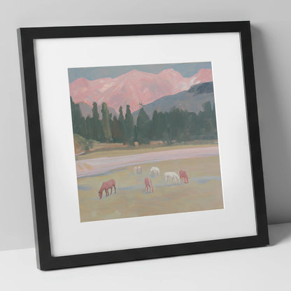 Alpenglow Pastures horse landscape art print in black frame