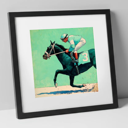 The Teal Flyer racing horse art print in black frame