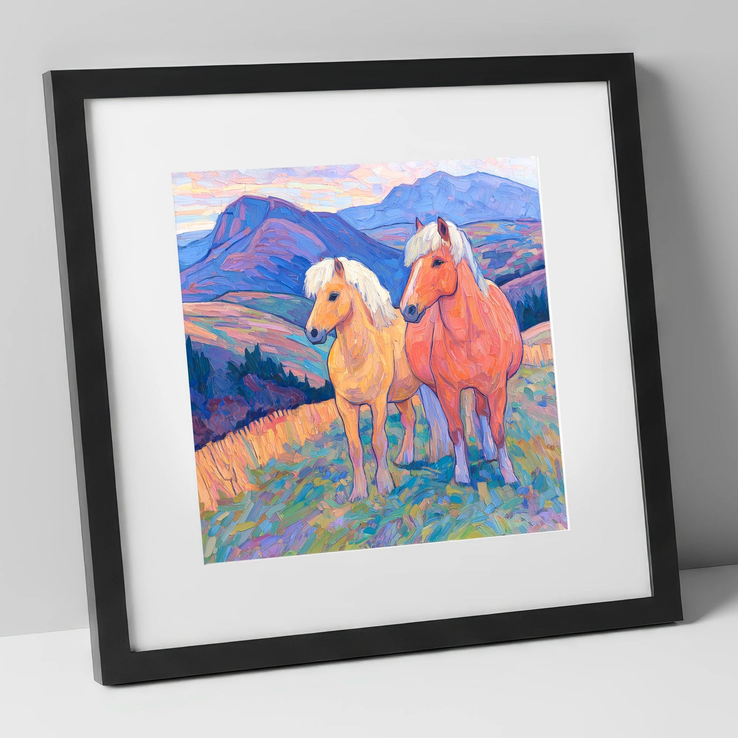 Highland Fjord Companions horse landscape art print in black frame
