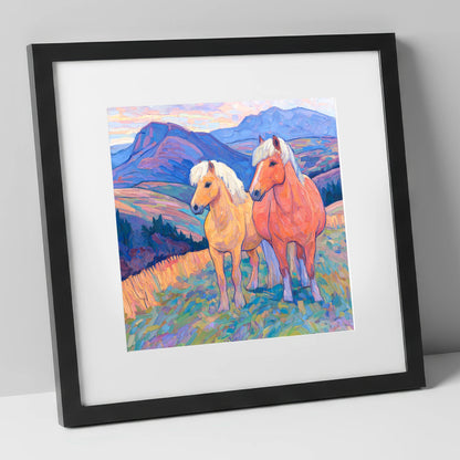Highland Fjord Companions horse landscape art print in black frame