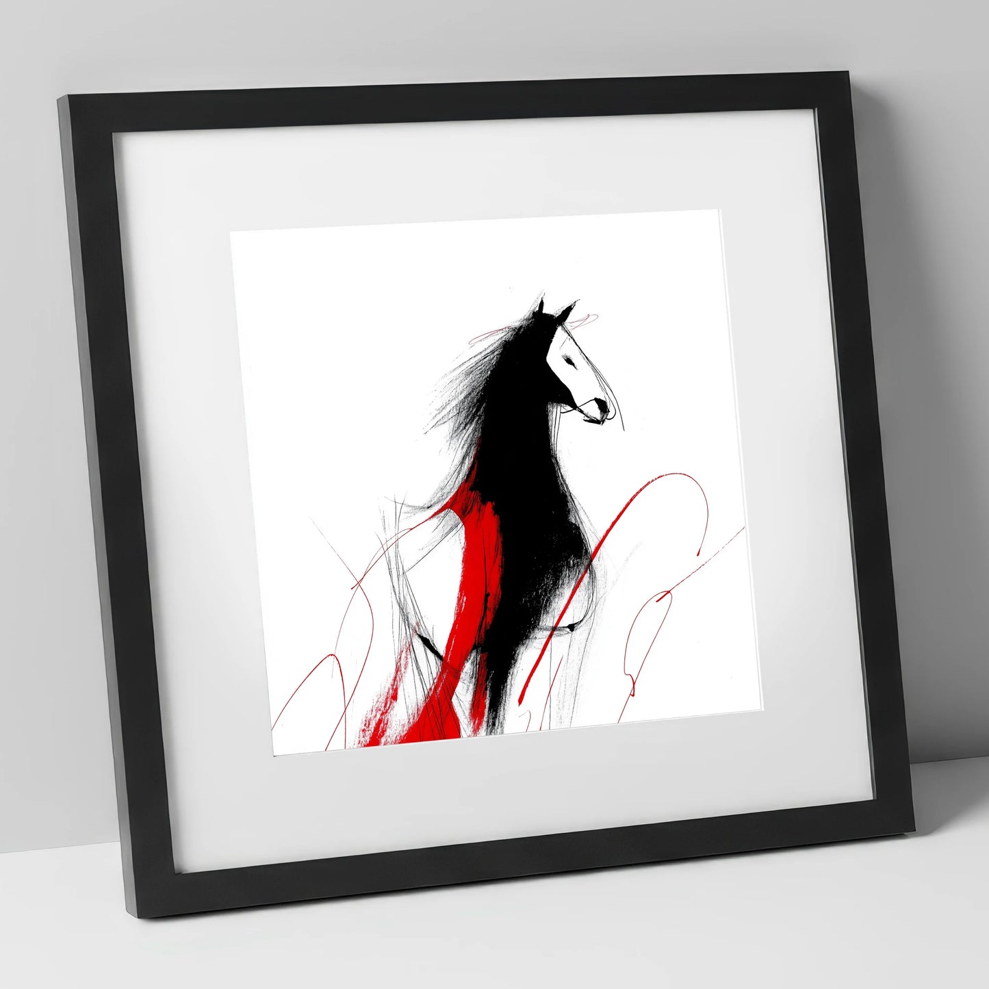 Crimson Equine Silhouette horse portrait art print in black frame