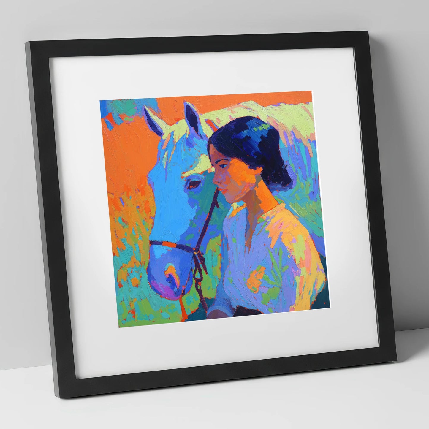 Vibrant Connection horse & rider art print in black frame