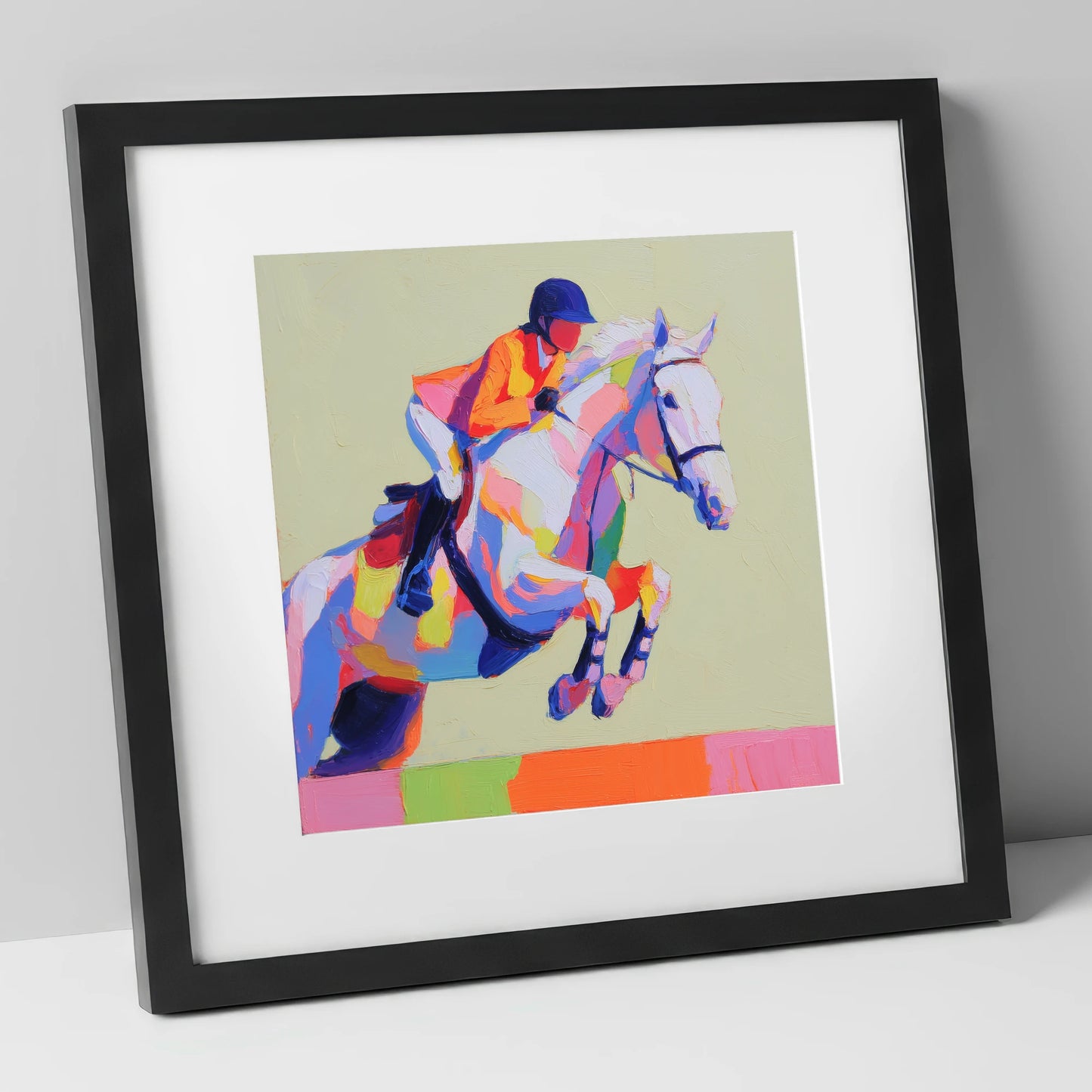 Technicolour Flight show jumping horse art print in black frame