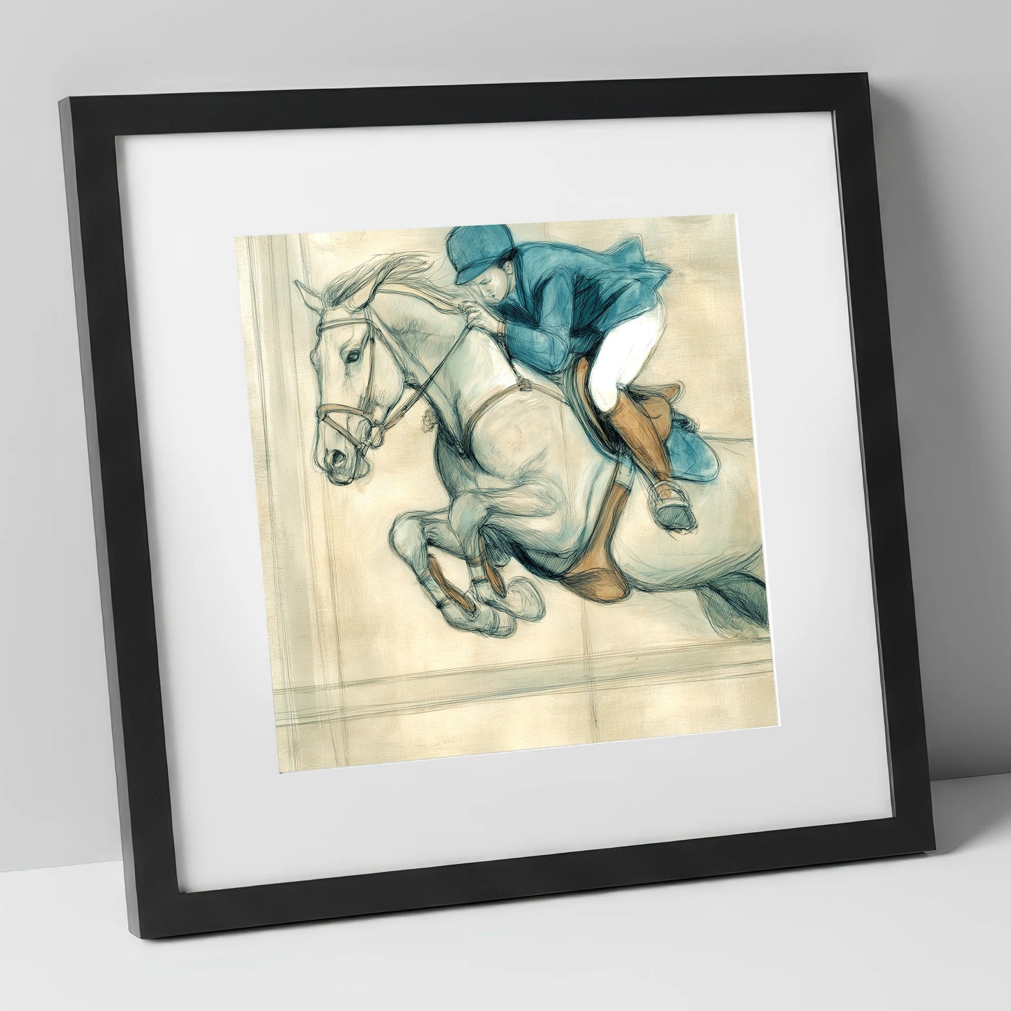 Suspended Flight show jumping horse art print in black frame